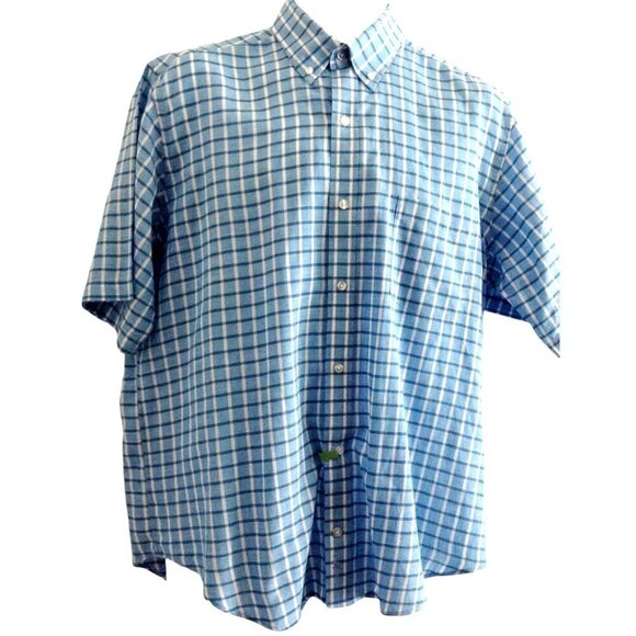 Tailorbyrd Men's Shirt Large Check Blue Turquoise White Cotton Short Sleeve - Picture 1 of 5
